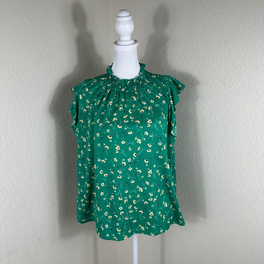 Melloday Floral Smocked High Neck Blouse Womens Medium Green Ruffle Cap Sleeve